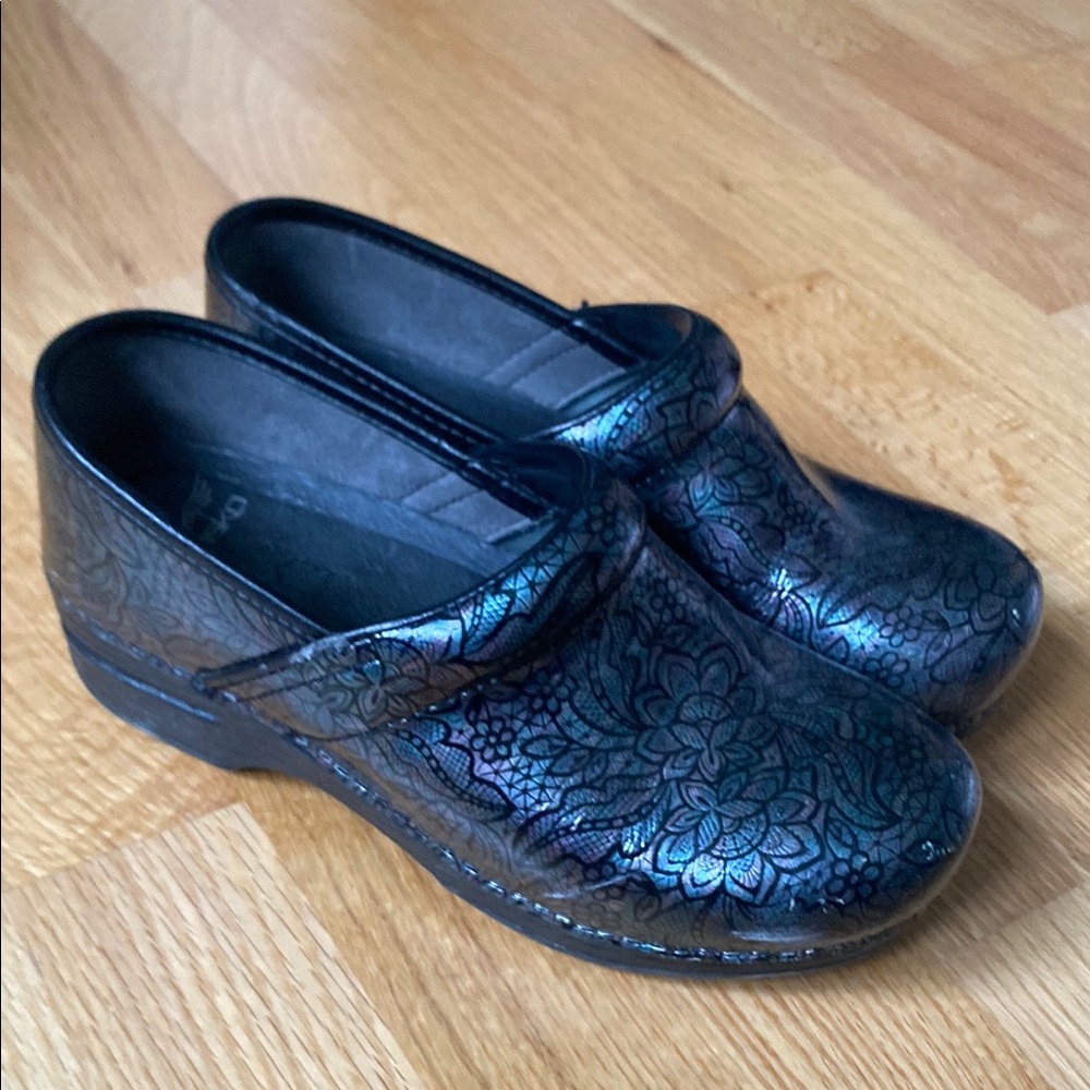 Dansko Black and Floral Clogs